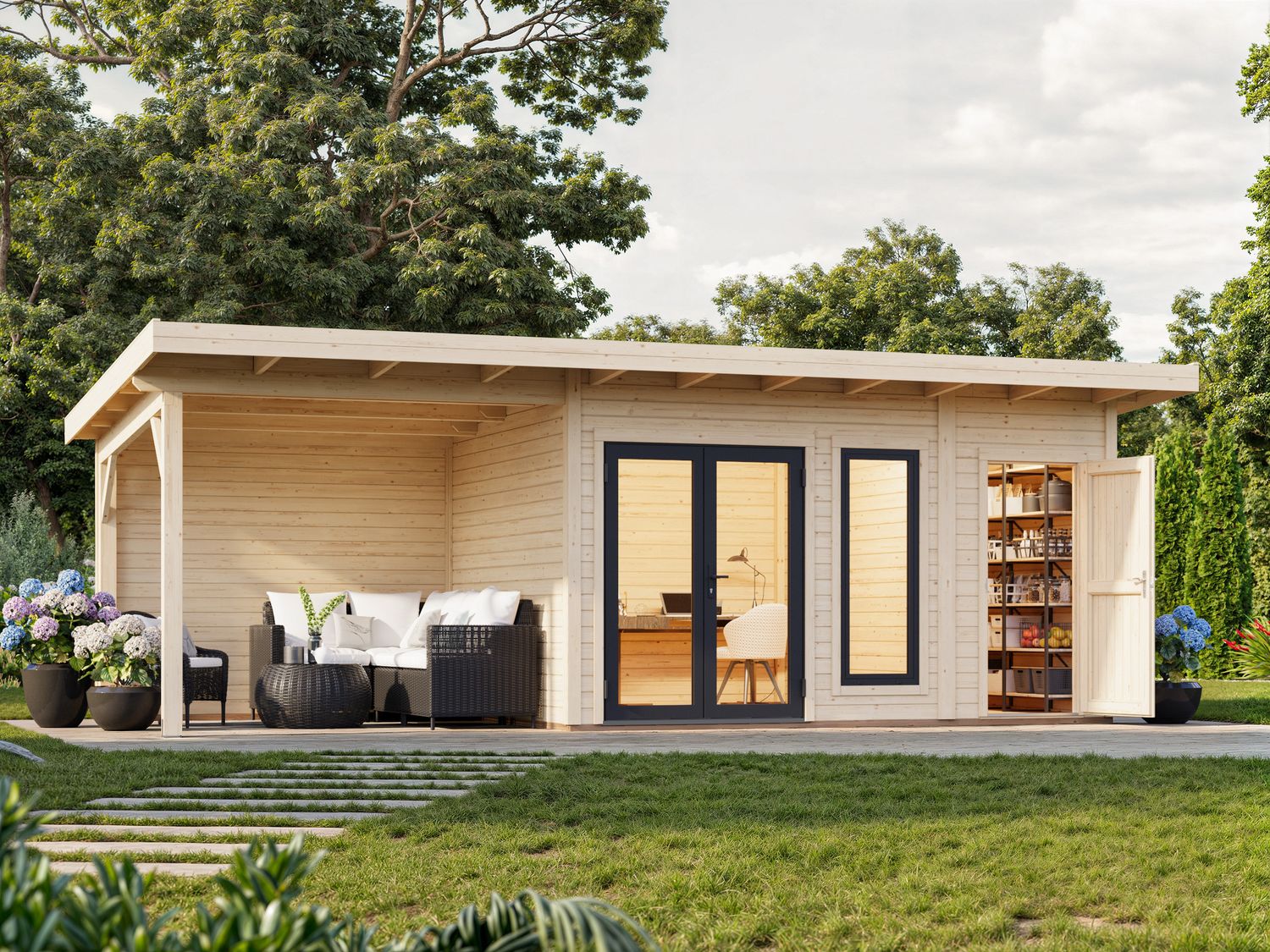 Studio de jardin toit plat AURELIA​ 12.4+7.9m2 en bois 44mm Traité au choix avec portes et fenêtres en aluminium