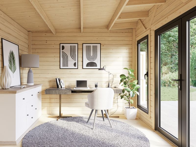 Studio de jardin toit plat AURELIA​ 12.4+7.9m2 en bois 44mm Traité au choix avec portes et fenêtres en aluminium