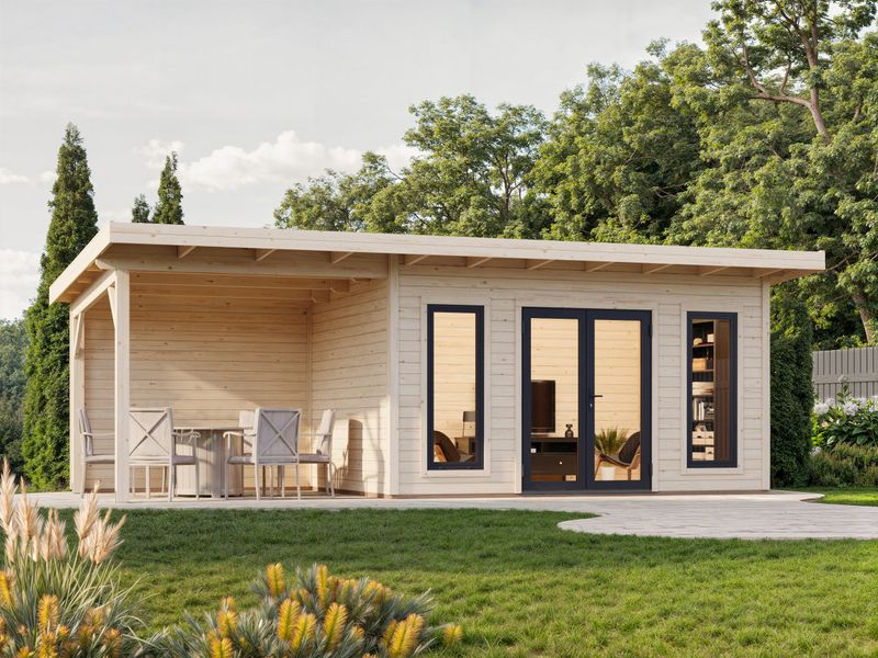 Studio de jardin toit plat AURELIA​ 12.7+7.9m2 en bois 44mm Traité au choix avec portes et fenêtres en aluminium