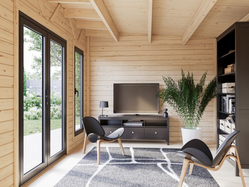 Studio de jardin toit plat AURELIA​ 12.7+7.9m2 en bois 44mm Traité au choix avec portes et fenêtres en aluminium