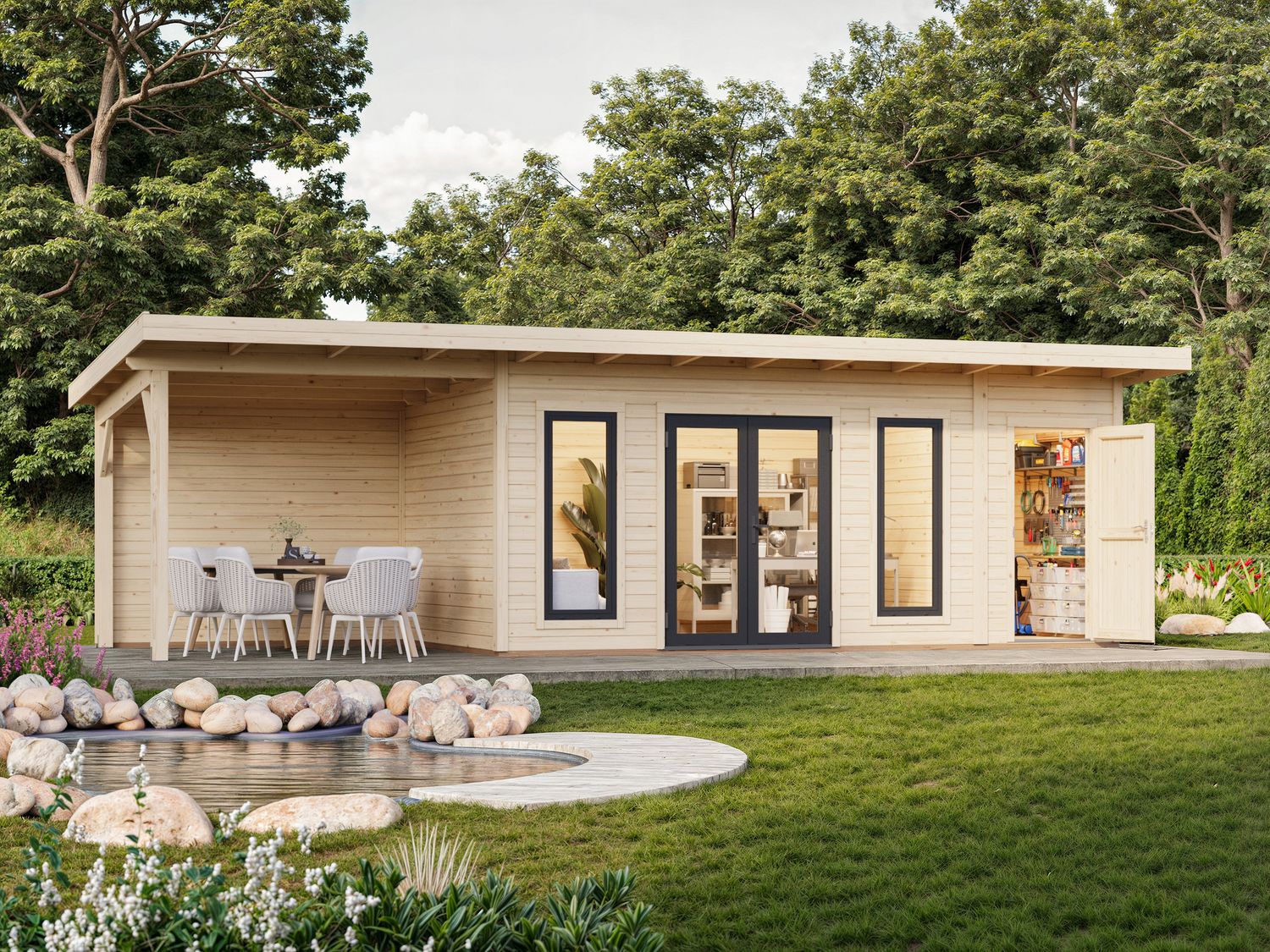 Studio de jardin toit plat AURELIA​ 16.7+7.9m2 en bois 44mm Traité au choix avec portes et fenêtres en aluminium