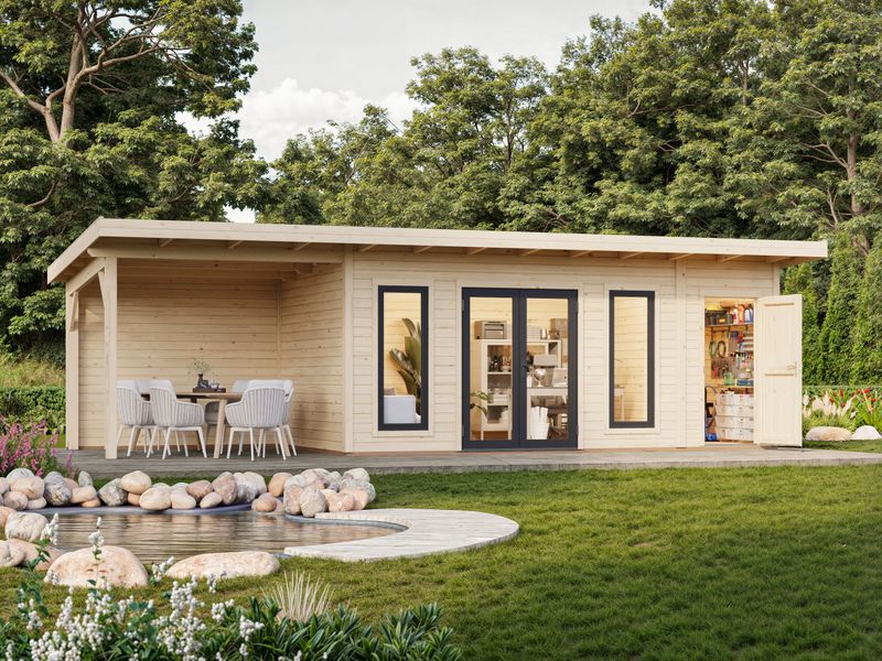 Studio de jardin toit plat AURELIA​ 16.7+7.9m2 en bois 44mm Traité au choix avec portes et fenêtres en aluminium