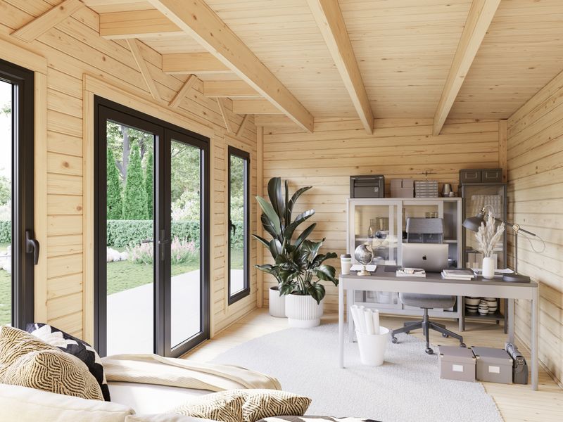 Studio de jardin toit plat AURELIA​ 16.7+7.9m2 en bois 44mm Traité au choix avec portes et fenêtres en aluminium