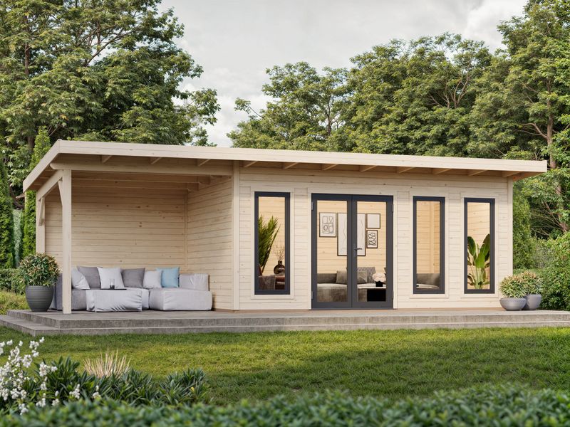 Studio de jardin toit plat AURELIA​ 15.2+7.9m2 en bois 44mm Traité au choix avec portes et fenêtres en aluminium