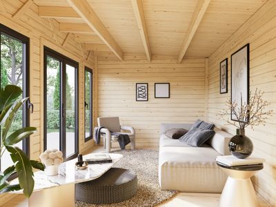 Studio de jardin toit plat AURELIA​ 15.2+7.9m2 en bois 44mm Traité au choix avec portes et fenêtres en aluminium