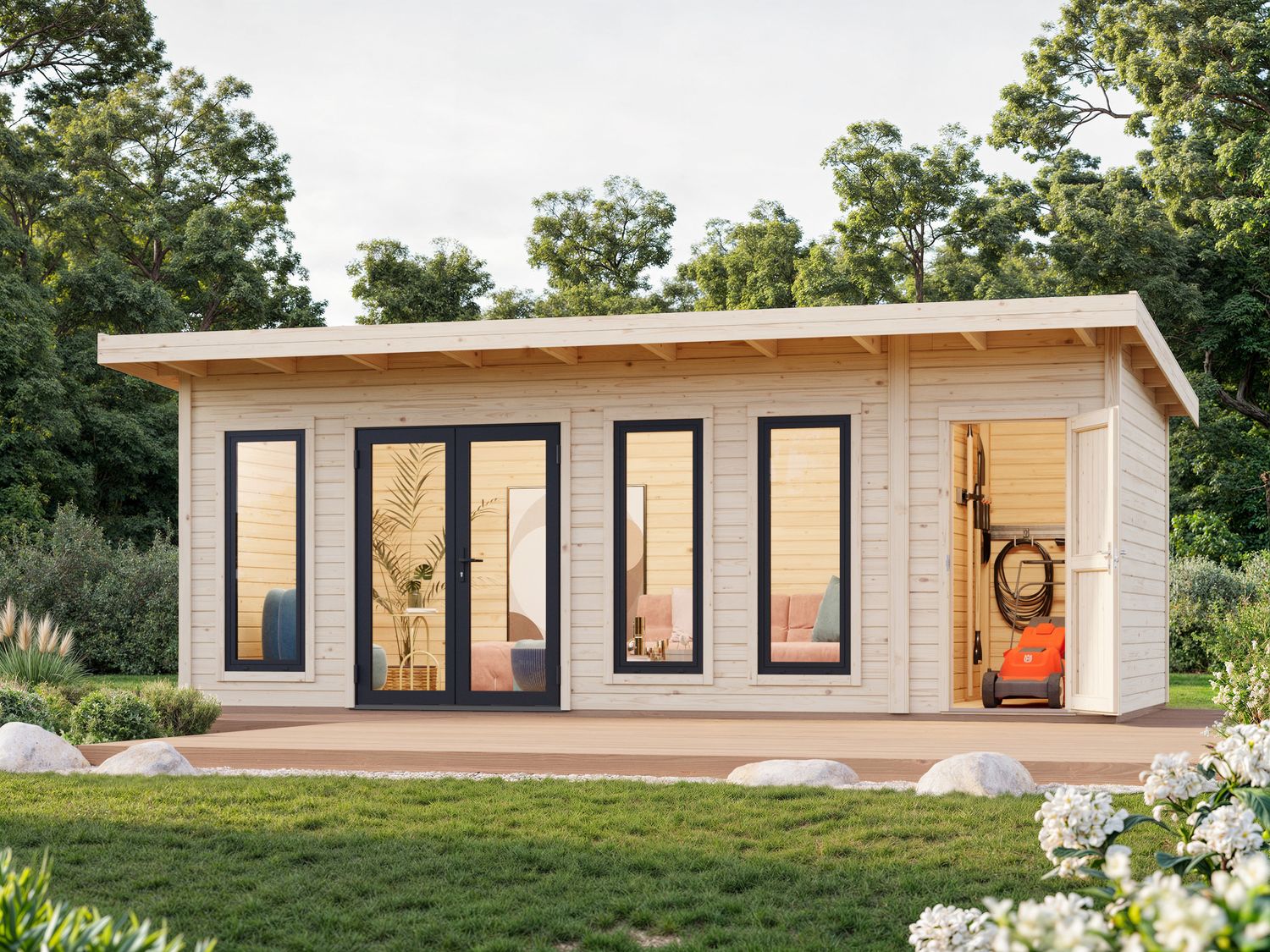 Studio de jardin toit plat AURELIA ​19.2 m2 en bois 44mm Traité au choix avec portes et fenêtres en aluminium