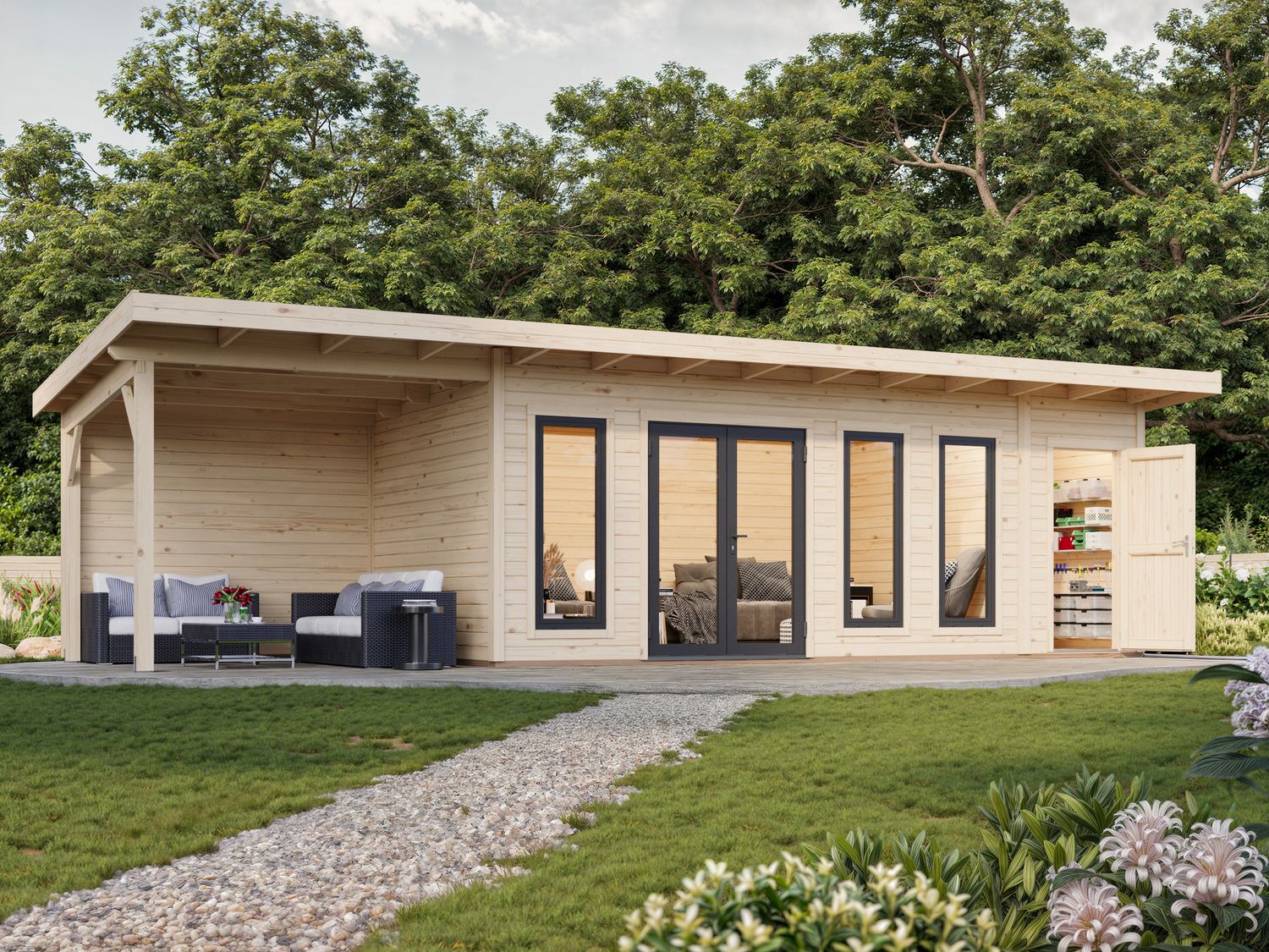 Studio de jardin toit plat AURELIA​ 19.2+7.9m2 en bois 44mm Traité au choix avec portes et fenêtres en aluminium