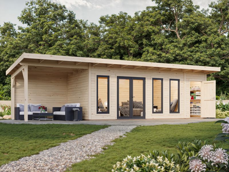 Studio de jardin toit plat AURELIA​ 19.2+7.9m2 en bois 44mm Traité au choix avec portes et fenêtres en aluminium