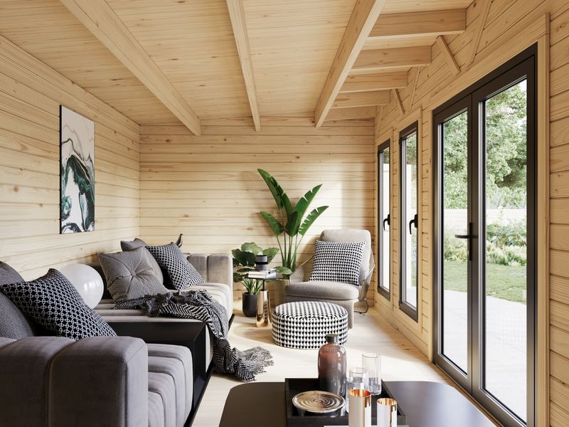 Studio de jardin toit plat AURELIA​ 19.2+7.9m2 en bois 44mm Traité au choix avec portes et fenêtres en aluminium
