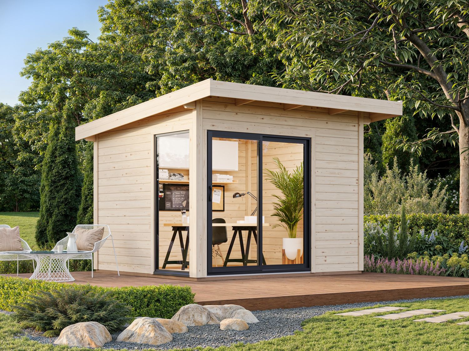 STUDIOS de jardin ANDREA 7,5 m2 avec portes coulissantes en aluminium SLIDE PLUS en bois 44 mm avec plancher traité au choix