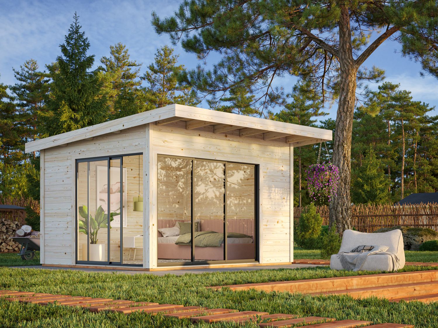STUDIOS de jardin ANDREA 11.2 m2 avec portes coulissantes en aluminium SLIDE en bois 44 mm avec plancher traité au choix