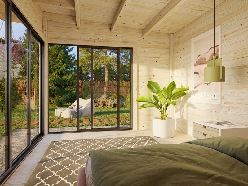 STUDIOS de jardin ANDREA 11.2 m2 avec portes coulissantes en aluminium SLIDE PLUS en bois 44 mm avec plancher traité au choix