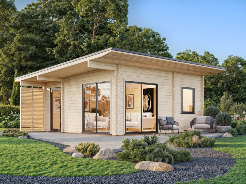 STUDIO CECILIA 27.2 m2 avec portes coulissantes en aluminium SLIDE PLUS en bois 70 mm avec plancher traité Naturel