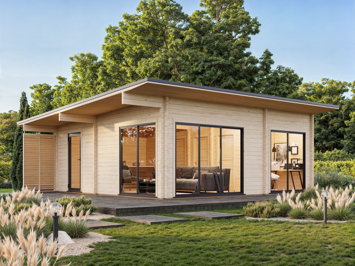 STUDIO CECILIA 39.9 m2 avec portes coulissantes en aluminium SLIDE PLUS en bois 70 mm avec plancher traité Naturel