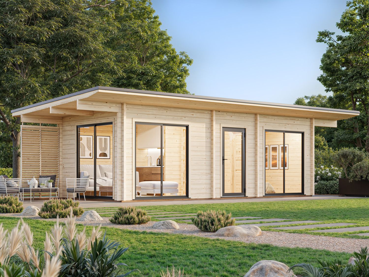 STUDIO CECILIA 21.8 m2 avec portes coulissantes en aluminium SLIDE PLUS en bois 70 mm avec plancher traité Naturel