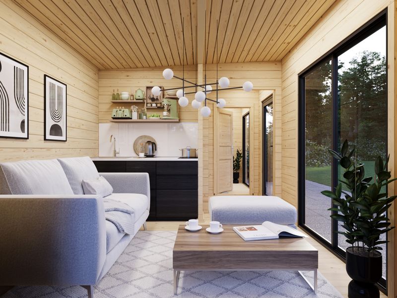STUDIO CECILIA 21.8 m2 avec portes coulissantes en aluminium SLIDE PLUS en bois 70 mm avec plancher traité Naturel