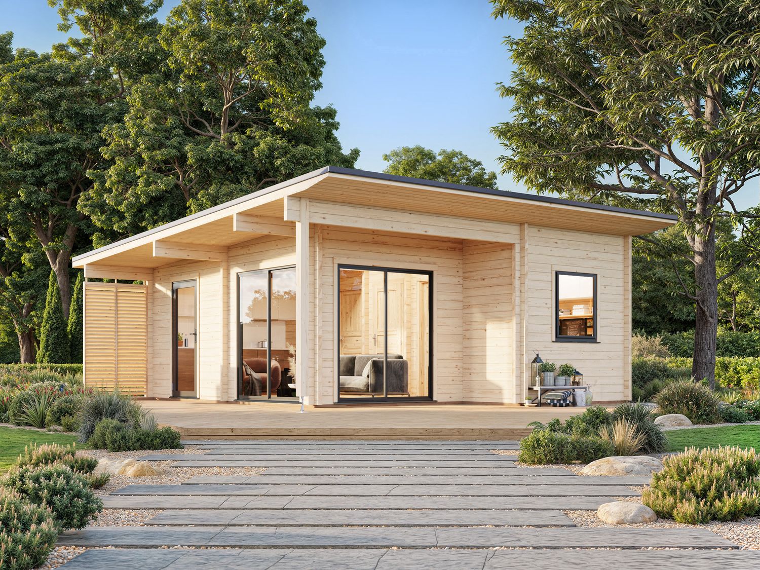 STUDIO CECILIA 30.0 m2 avec portes coulissantes en aluminium SLIDE PLUS en bois 70 mm avec plancher traité Naturel
