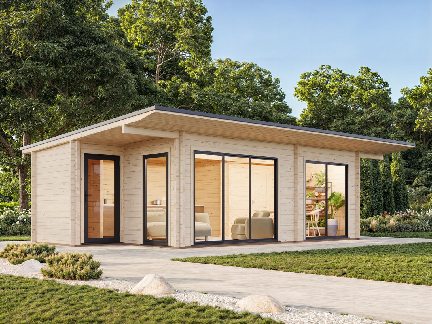 STUDIO CECILIA 27.3 m2 avec portes coulissantes en aluminium SLIDE PLUS en bois 70 mm avec plancher traité Naturel