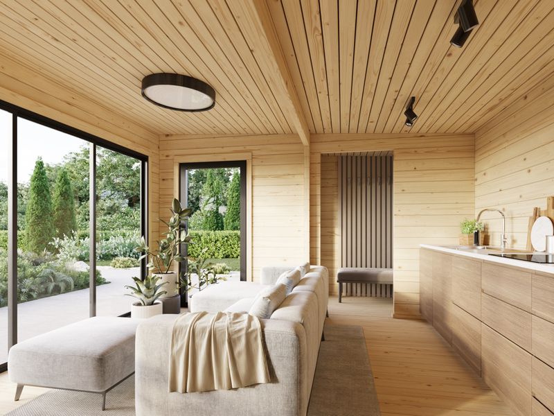 STUDIO CECILIA 27.3 m2 avec portes coulissantes en aluminium SLIDE PLUS en bois 70 mm avec plancher traité Naturel