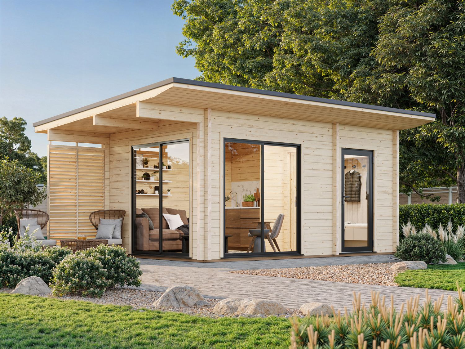 STUDIO CECILIA 14.2 m2 avec portes coulissantes en aluminium SLIDE PLUS en bois 70 mm avec plancher traité Naturel