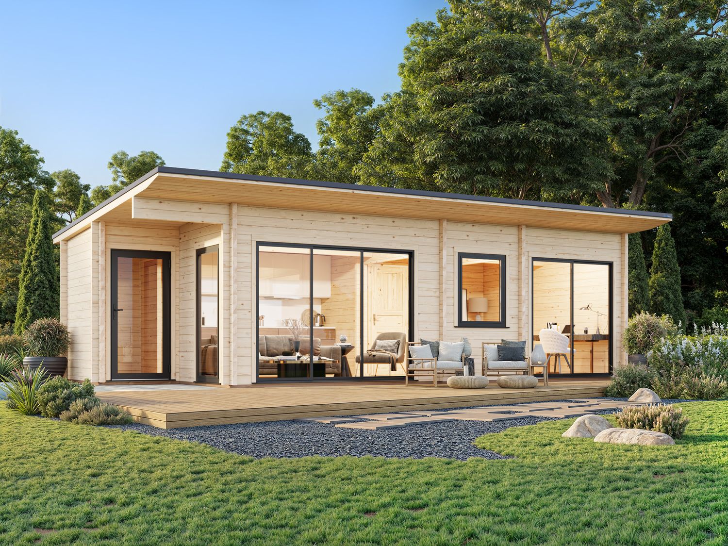 STUDIO CECILIA 32.0 m2 avec portes coulissantes en aluminium SLIDE PLUS en bois 70 mm avec plancher traité Naturel