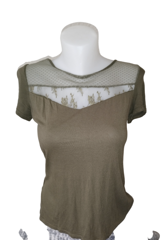 Tee-shirt kaki dentelle col T. 36-38 / S-M