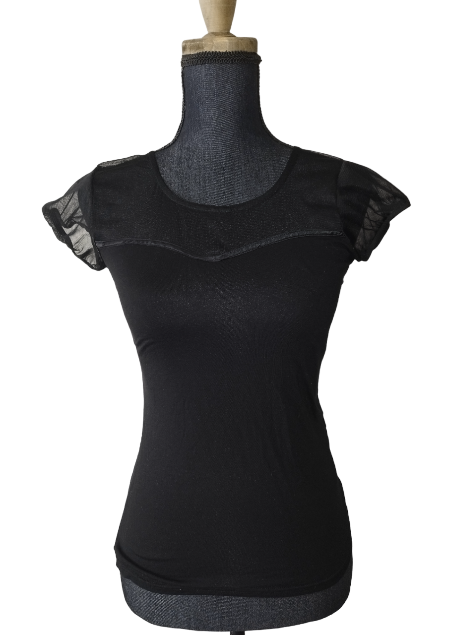 Tee-shirt manche courte noir transparent au col T. 34-XS