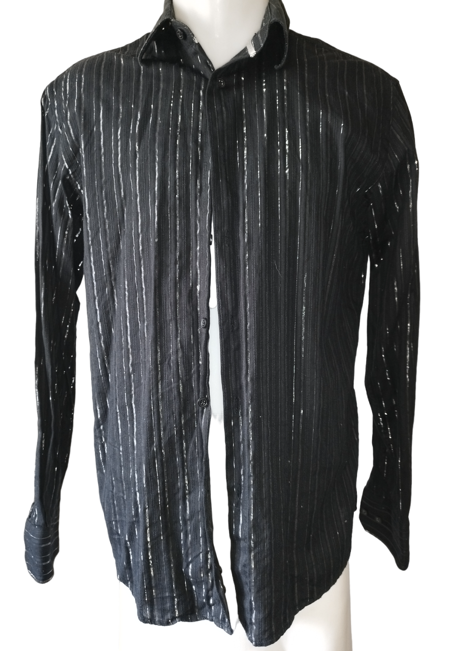 Chemise manche longue noire rayée argentée T. M
