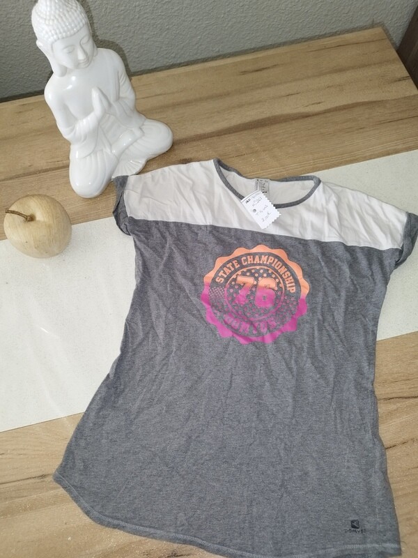 Tee-shirt gris et blanc dessin rond orange T. 14 ans