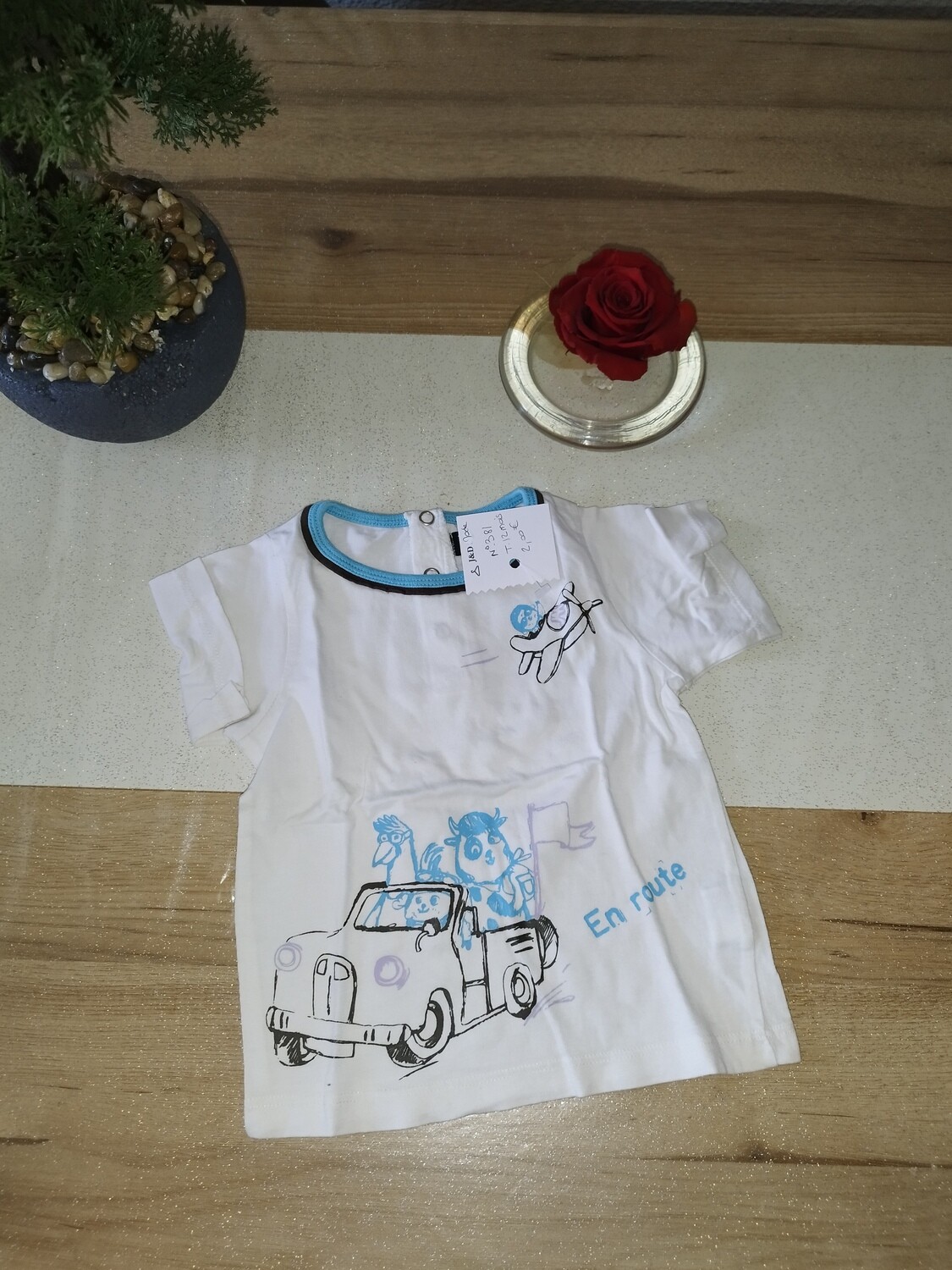 Tee-shirt blanc bleu en route T. 12 mois