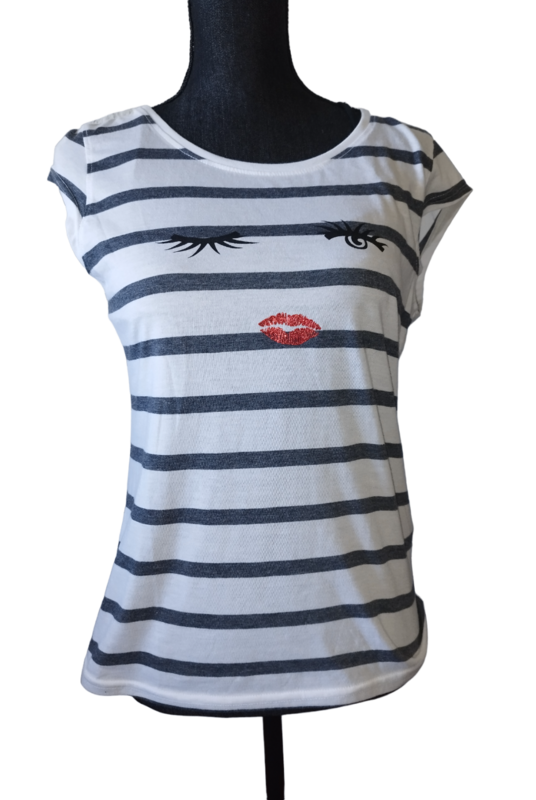 Tee-shirt rayé bleu dessin bouche Taille: 38-40