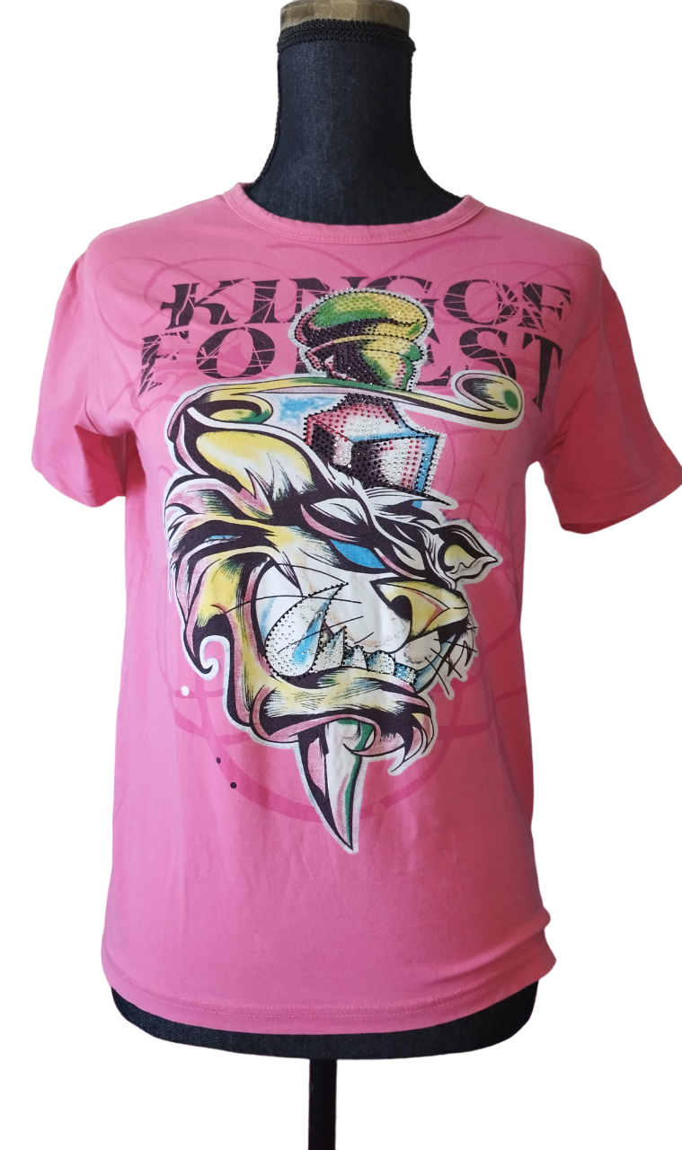 Tee-shirt rose manche courte dessin lion Taille S