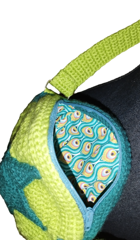 Sac rond bandoulière étoile vert pomme tricoté à la main neuf
