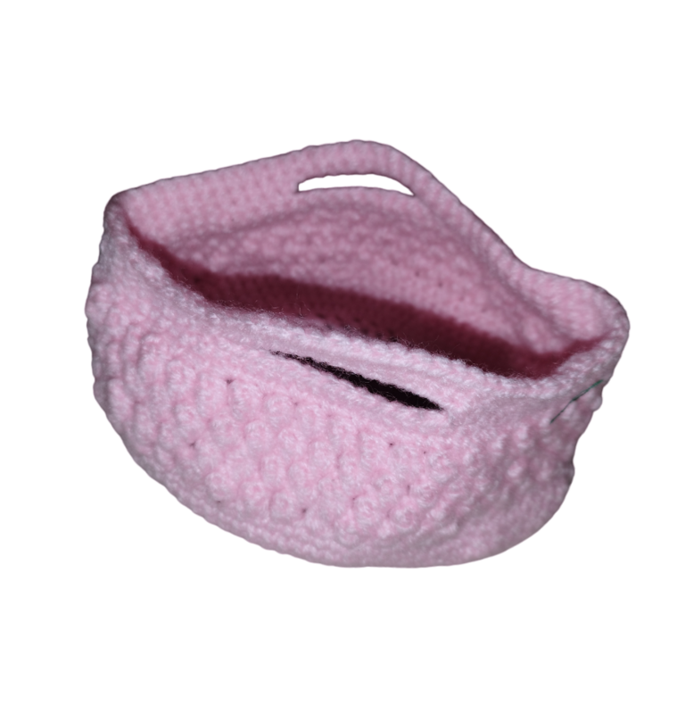 Panière rose fond cuir tricoté à la main en laine neuf