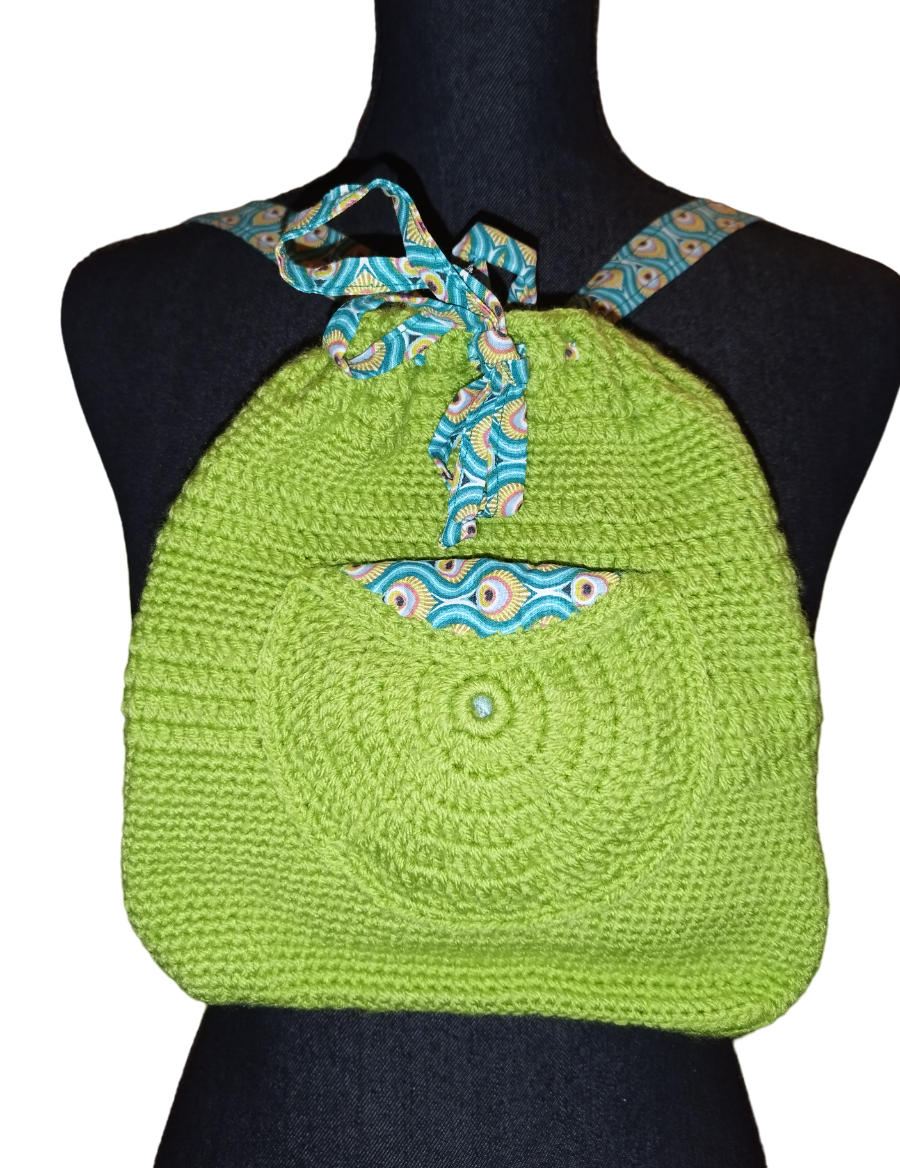 Sac à dos vert pomme bretelle réglable motif tricoté à la main en laine neuf