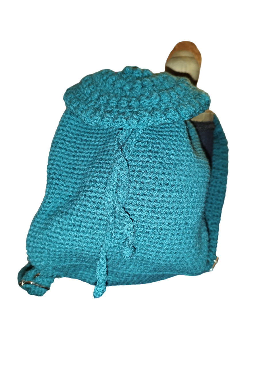Sac à dos bleu vert canard petite bretelle réglable enfant tricoté à la main en laine neuf