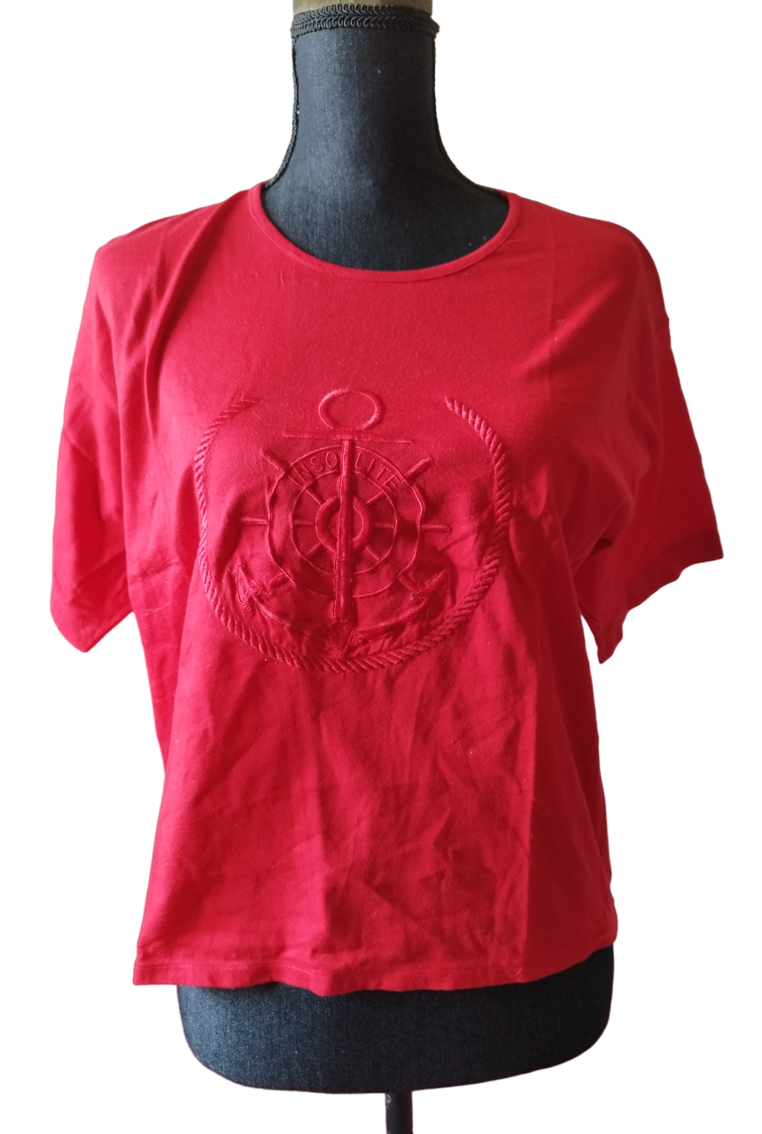 Tee-shirt rouge dessin encre marine T. L