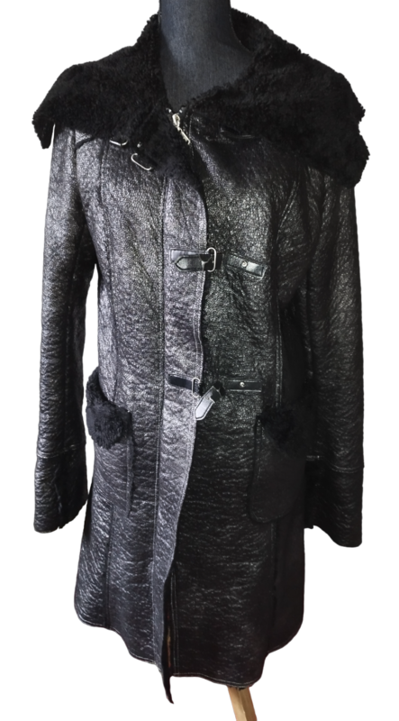 Manteau noir intérieur double écaille grise femme T. 42 - XL