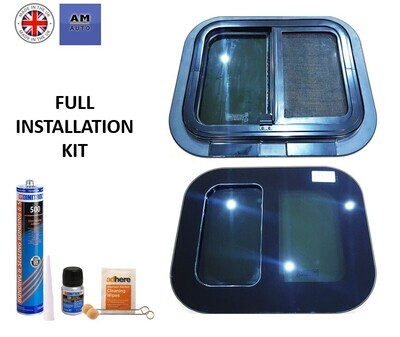 Universal Campervan Rear Door Windows With Fly Mesh Kit 457mm x 381mm(Complete Bonding Kit  x 2 Windows)