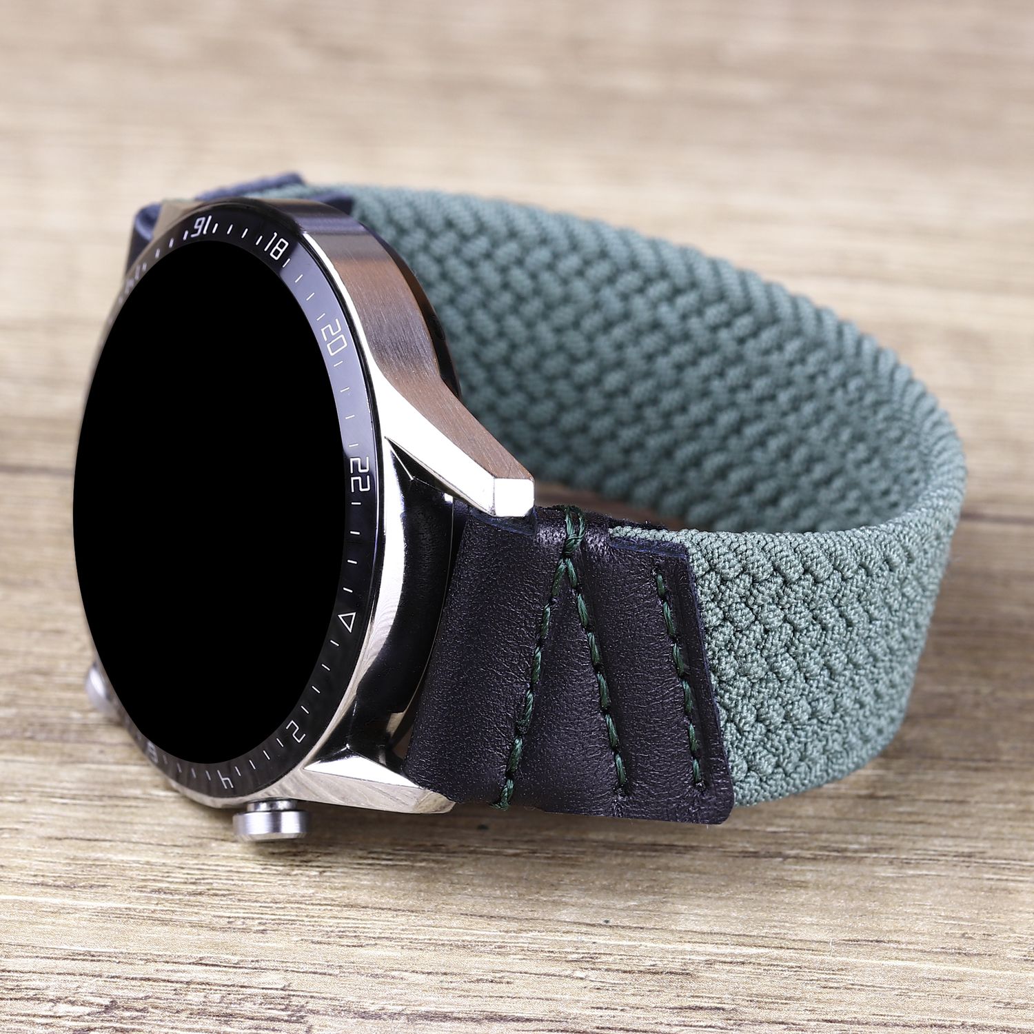 For SAMSUNG Watch Ultra 7 6 5 4 3 Leather &amp; Braided Elastic Band Solo Loop Strap Army Green