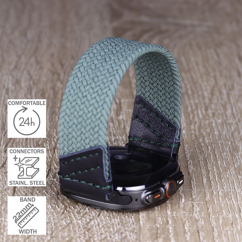 For SAMSUNG Watch Ultra 7 6 5 4 3 Leather &amp; Braided Elastic Band Solo Loop Strap Army Green