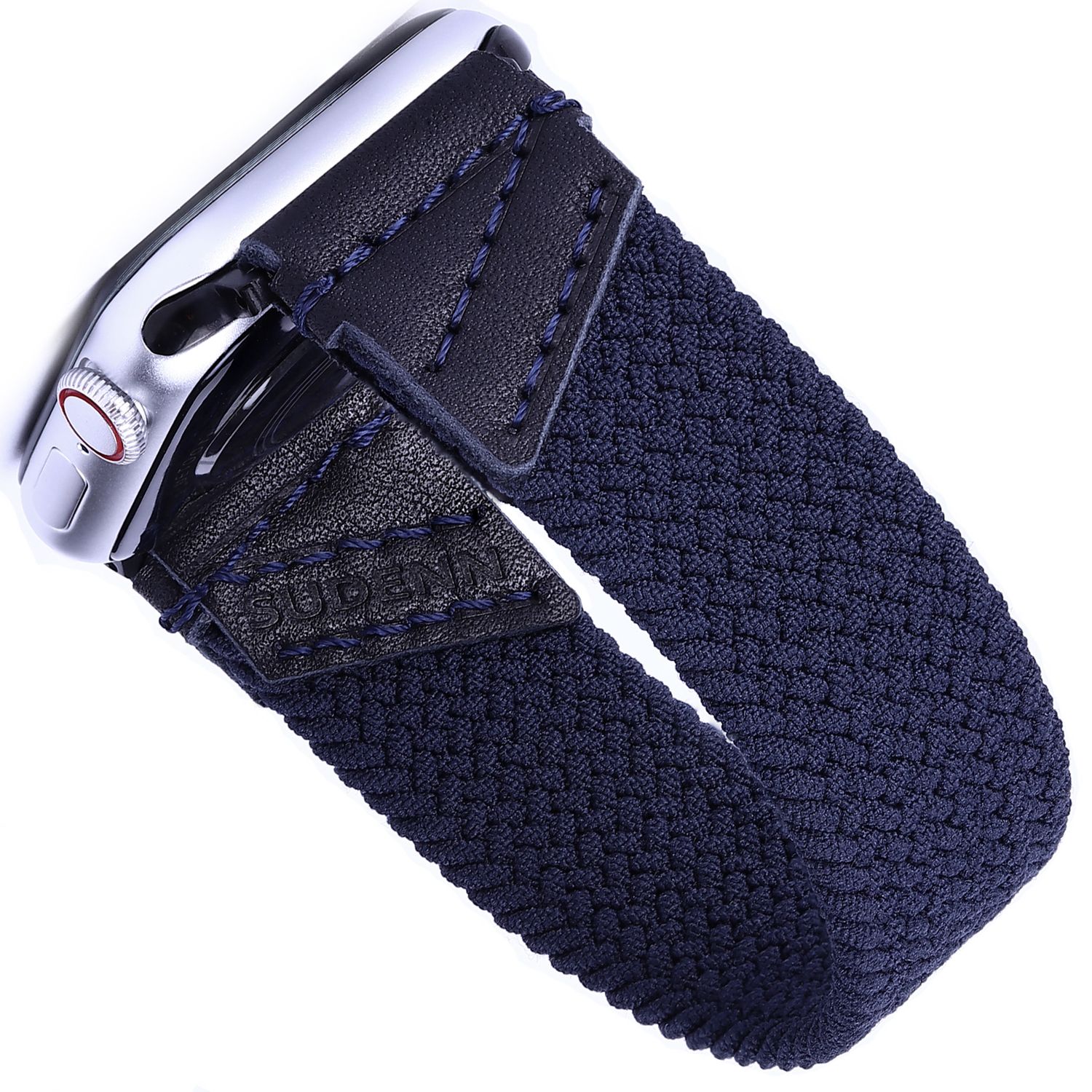 Leather &amp; Braided Elastic Band for Apple watch 9 8 7 6 5 4 3 Series 38mm 40mm 41mm 42mm 44mm 45mm 49mm Ultra Solo Loop Strap Navy Blue