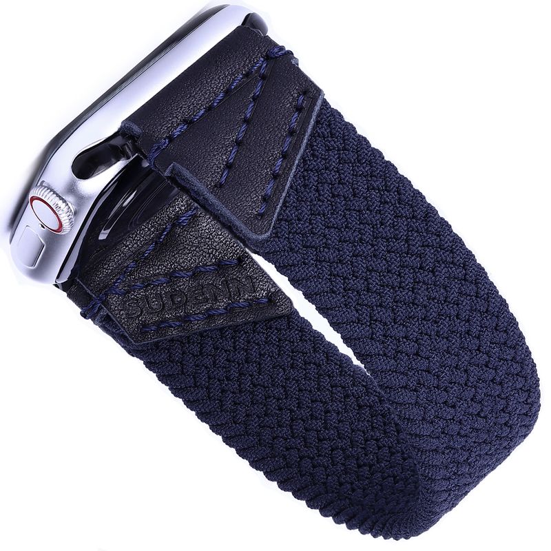 Leather &amp; Braided Elastic Band for Apple watch 9 8 7 6 5 4 3 Series 38mm 40mm 41mm 42mm 44mm 45mm 49mm Ultra Solo Loop Strap Navy Blue