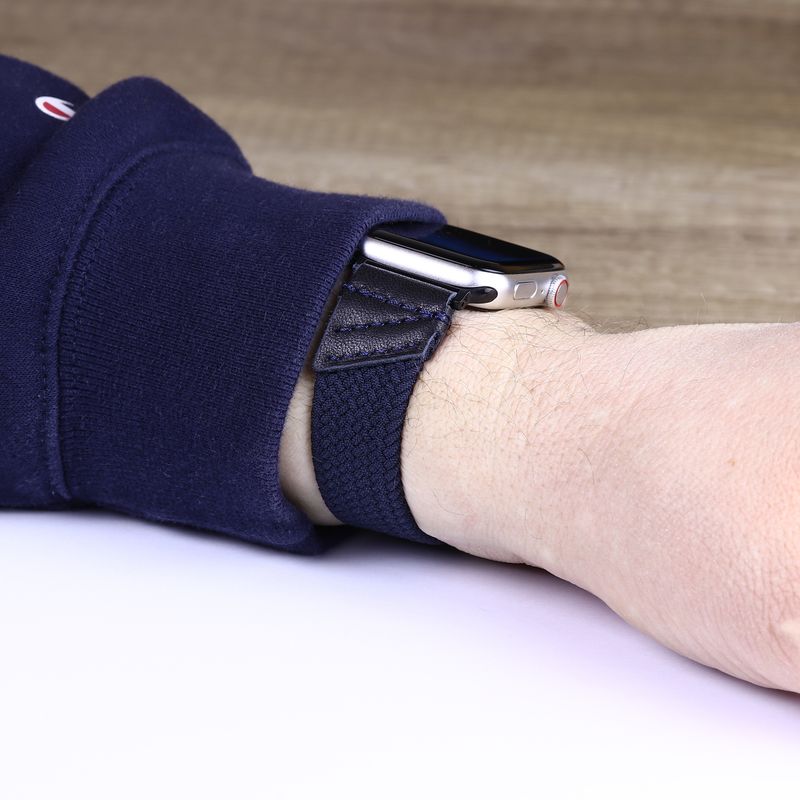 Leather &amp; Braided Elastic Band for Apple watch 9 8 7 6 5 4 3 Series 38mm 40mm 41mm 42mm 44mm 45mm 49mm Ultra Solo Loop Strap Navy Blue