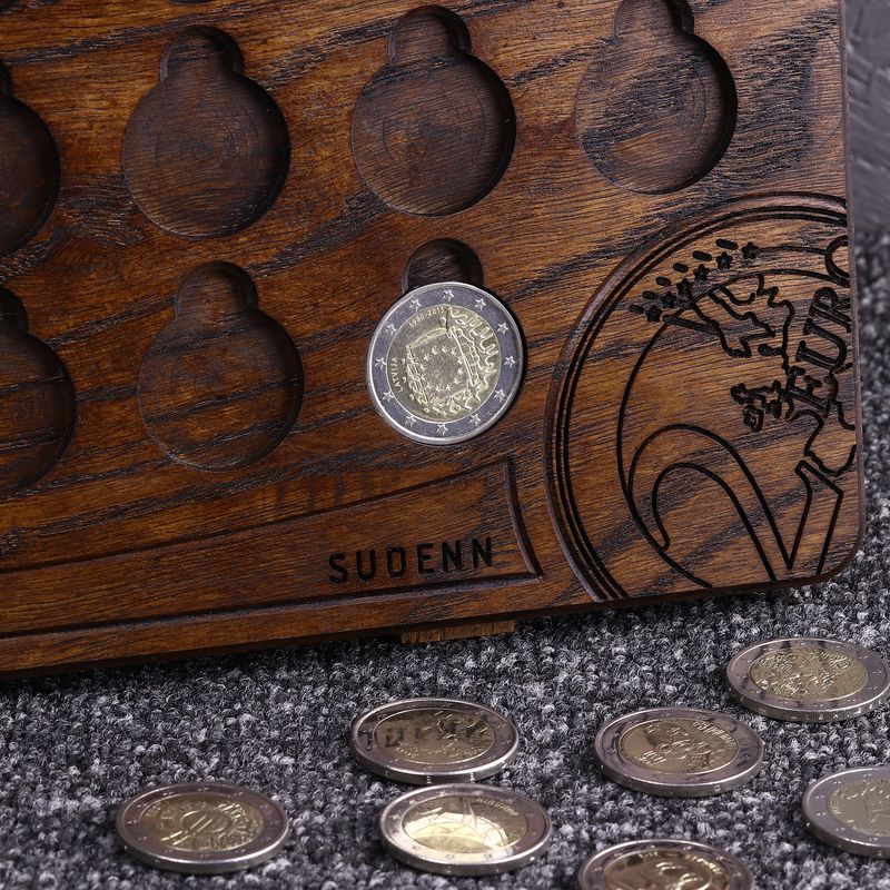 2 Euro Coin Display Stand | Handmade Wooden Numismatic Collection Holder | Natural Linseed Oil Finish &amp; Engraving | Solid Carved Oak Accessory | Luxury Coin Board Organizer &amp; Gift for Collectors