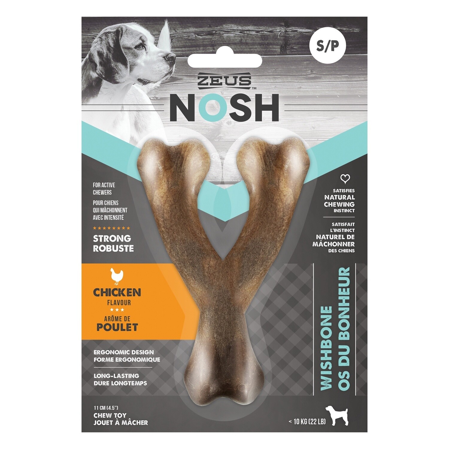 Zeus / Chien / Jouet à mâchonner robuste NOSH en forme d’os du bonheur / Robuste / poulet, Format: Petit