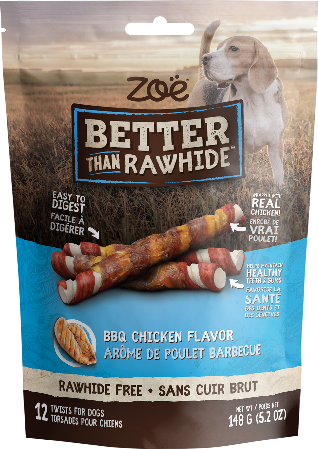 Zoë / Chien / Torsades sans cuir brut / paquet de 12, saveur: Poulet BBQ