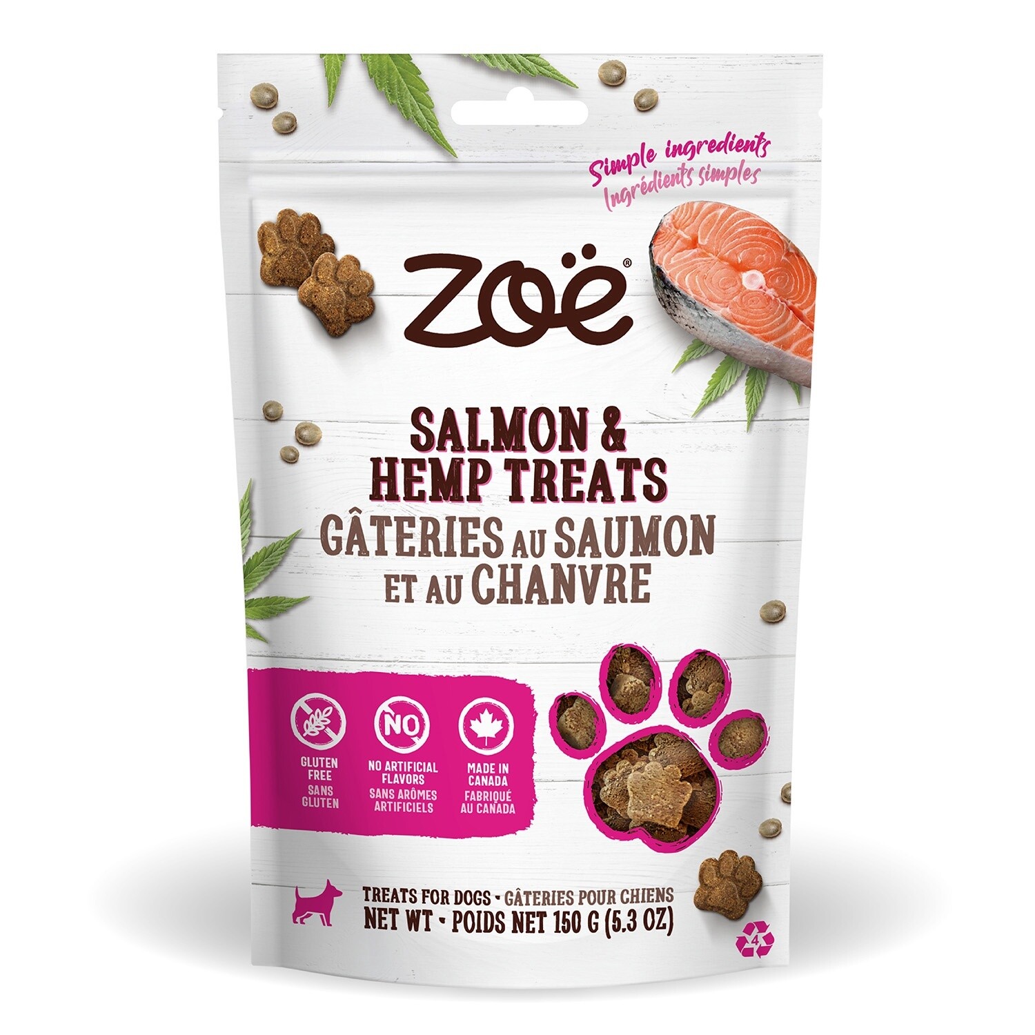 Zoë / Chien / gâteries au chanvre / 150g (5.3oz), saveur: Chanvre et saumon