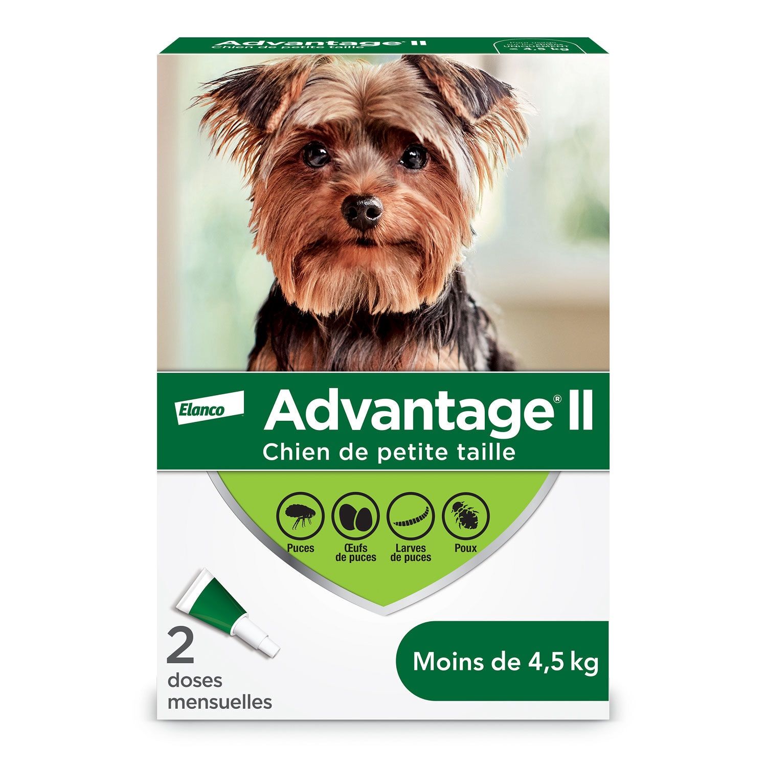 Elanco / Advantage II pour chien, Doses et poids de l&#39;animal: 2 doses / moins de 4.5 kg