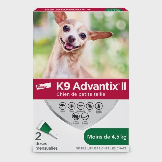 Elanco / K9 Advantix II pour chien, Doses et poids de l&#39;animal: 2 doses / moins de 4.5 kg